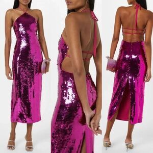 CULT GAIA Tasmina Anemone Pink Sequin Backless Halter Midi Dress Size XS
